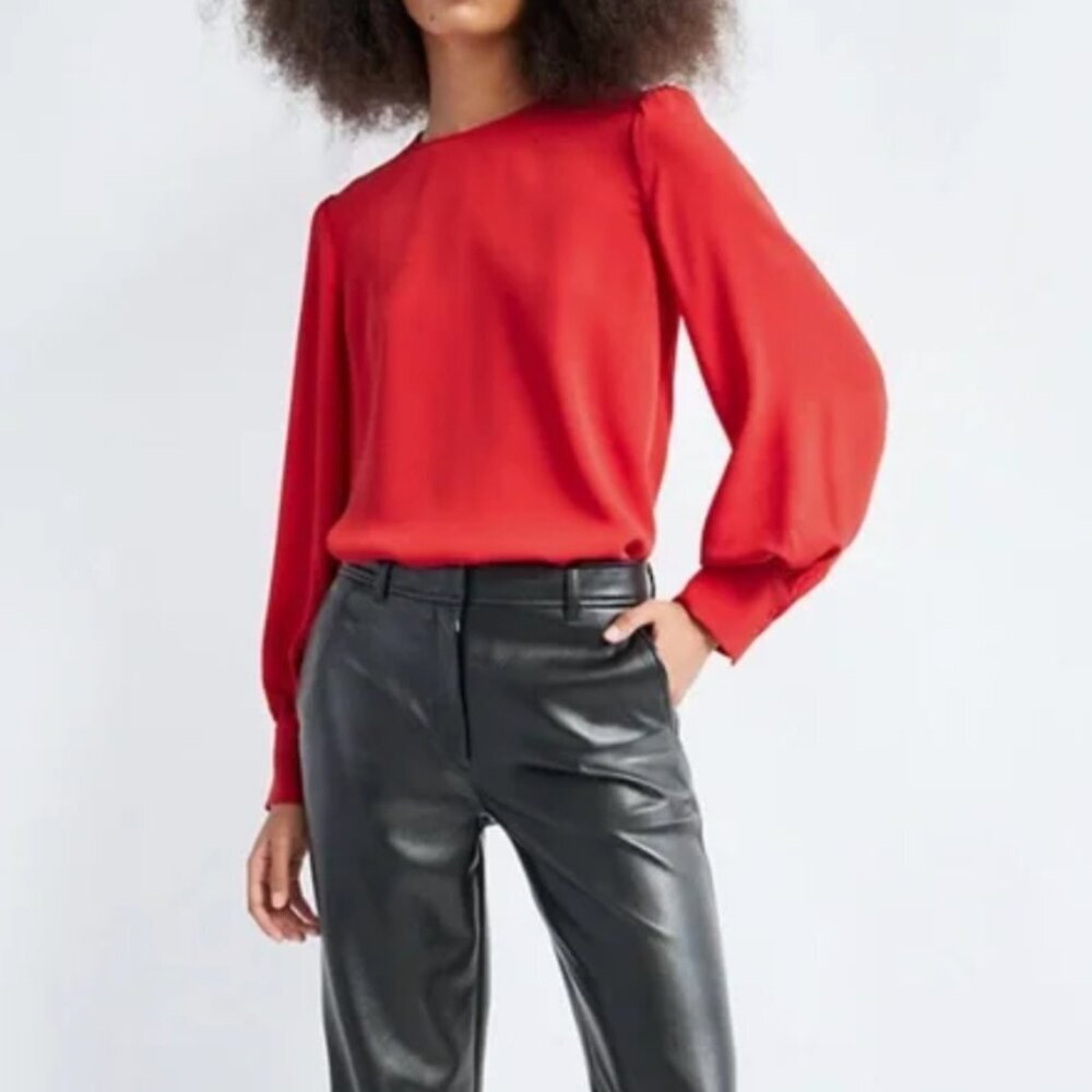 Aritzia Babaton Moda Blouse Red Satin Puff Sleeve Blouse